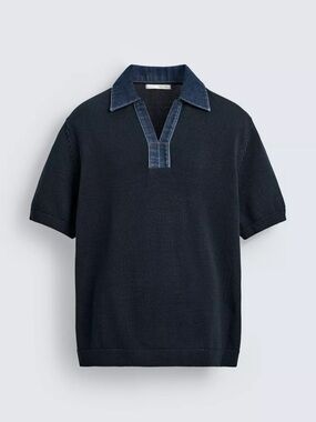 Zara Navy Knit Polo with Denim-Style Collar